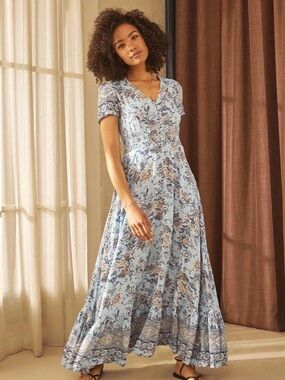 Caroline Morgan Maxi Dress NWOT Blue Floral Boho Empire Waist Short Sleeve